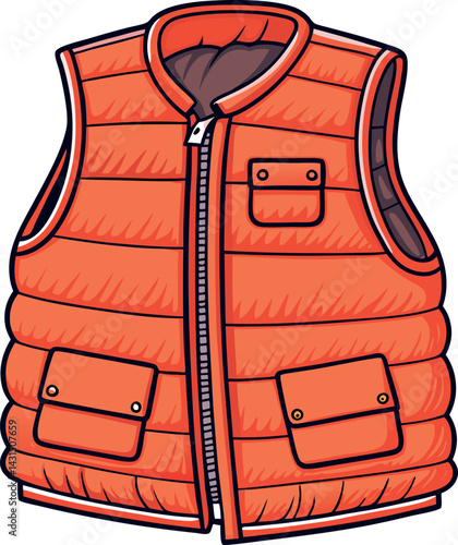 Bright Orange Puffer Vest Vector Illustration with Detailed Stitching, Zipper Closure, and Multiple Pockets for Trendy Winter Outerwear Design Projects