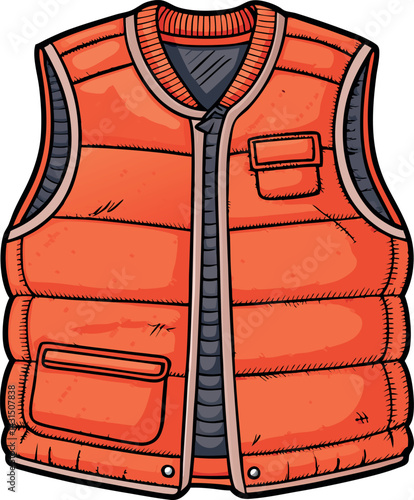 Bright Orange Puffer Vest Vector Illustration with Detailed Stitching, Zipper Closure, and Multiple Pockets for Trendy Winter Outerwear Design Projects