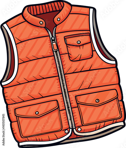 Bright Orange Puffer Vest Vector Illustration with Detailed Stitching, Zipper Closure, and Multiple Pockets for Trendy Winter Outerwear Design Projects