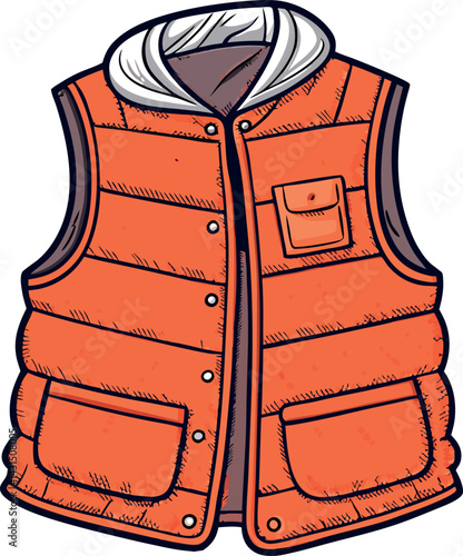 Bright Orange Puffer Vest Vector Illustration with Detailed Stitching, Zipper Closure, and Multiple Pockets for Trendy Winter Outerwear Design Projects