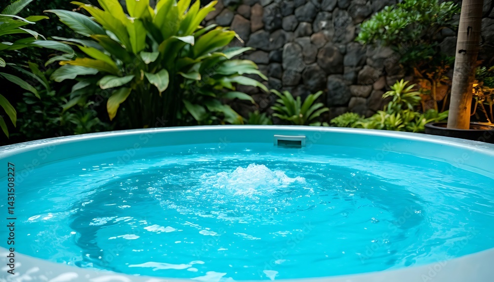 A bubbling hot tub, surrounded by lush greenery and a stone wall. The water is sparkling clear, and the bubbles are rising from the center, inviting relaxation and tranquility A bubbling hot tub, surrounded by lush greenery and a stone wall. The water is sparkling clear, and the bubbles are rising from the center, inviting relaxation and tranquility