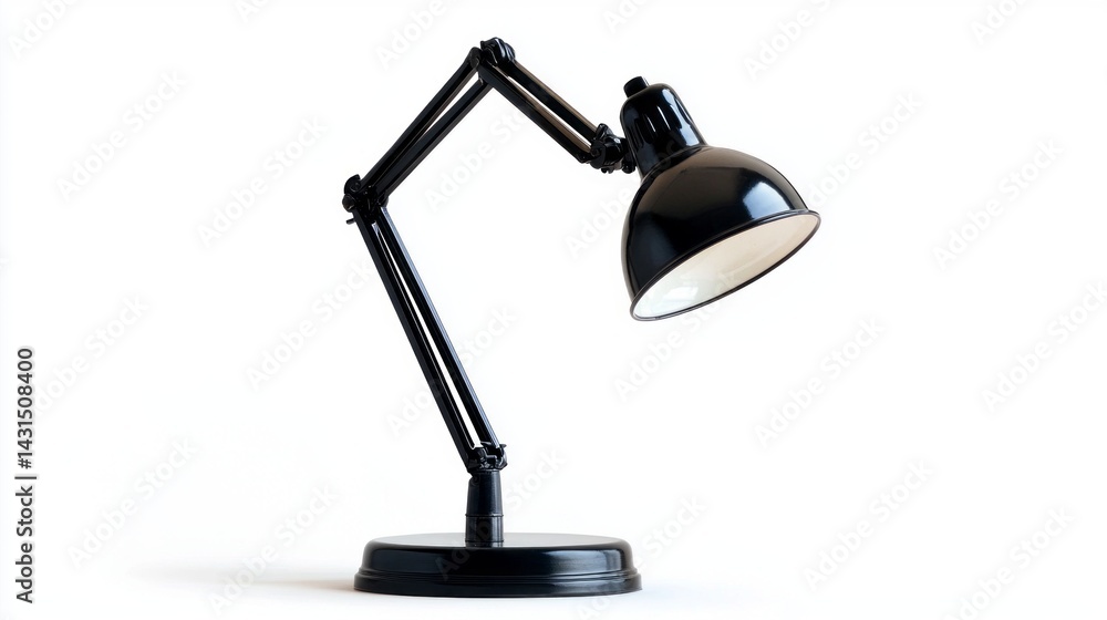 A black lamp with a white shade sits on a white background A black lamp with a white shade sits on a white background