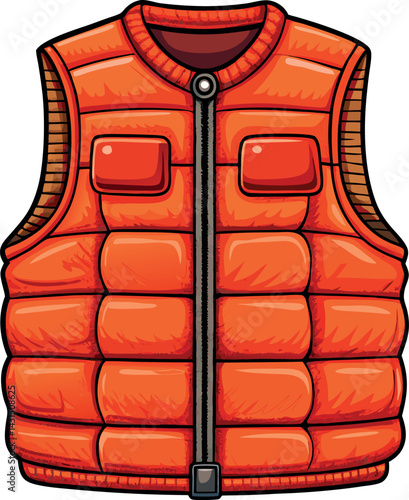 Bright Orange Puffer Vest Vector Illustration with Detailed Stitching, Zipper Closure, and Multiple Pockets for Trendy Winter Outerwear Design Projects