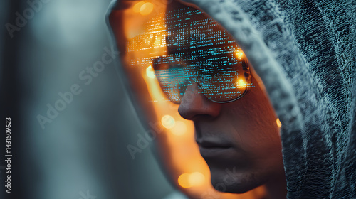 Cyberpunk Enigma: A mysterious individual, veiled in a hooded sweatshirt and futuristic eyewear, becomes a symbol of the digital age.