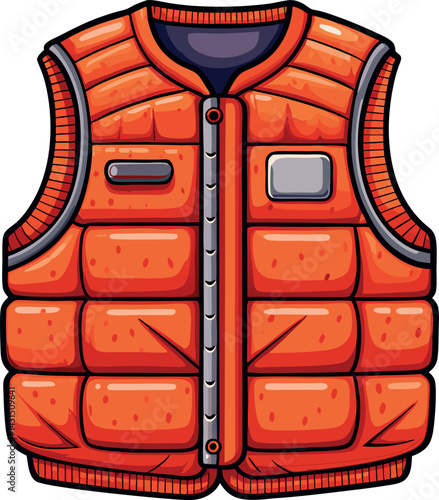 Bright Orange Puffer Vest Vector Illustration with Detailed Stitching, Zipper Closure, and Multiple Pockets for Trendy Winter Outerwear Design Projects
