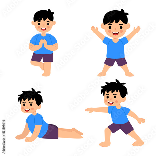 Young kids Boy in different yoga poses on white background. Vector illustration