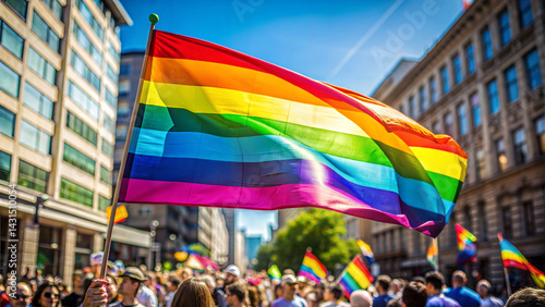 Vibrant pride flag waving at a cheerful lgbt celebration parade in the city