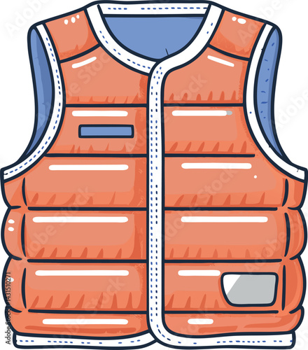Bright Orange Puffer Vest Vector Illustration with Detailed Stitching, Zipper Closure, and Multiple Pockets for Trendy Winter Outerwear Design Projects