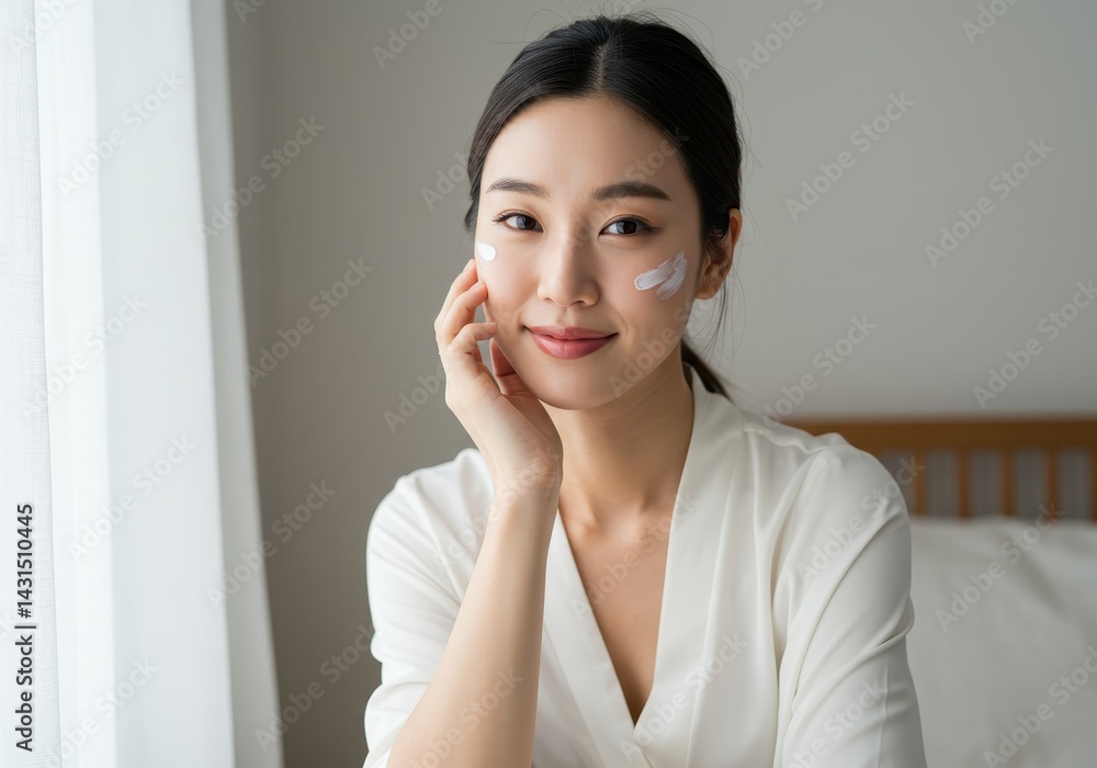 Asian woman applying skincare cream to her face for beauty treatment Asian woman applying skincare cream to her face for beauty treatment
