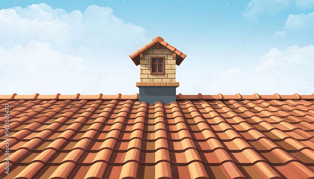 Naklejka premium Rooftop view of a house with terracotta tiles and a small brick chimney. The sky is partly cloudy.