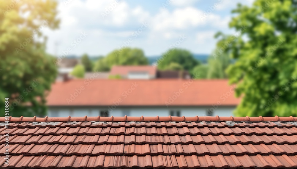 A close-up of a red tiled roof with a blurry cityscape background. The sun is shining and there is a feeling of serenity A close-up of a red tiled roof with a blurry cityscape background. The sun is shining and there is a feeling of serenity
