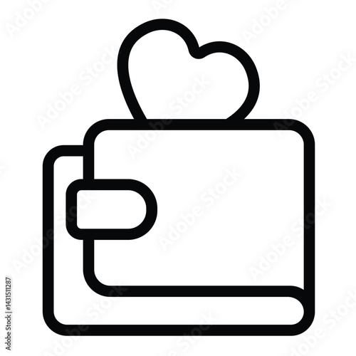 Leather wallet with heart line icon, charity concept. Vector graphics. Purse with love heart shaped coin, donation sign on white background, style for mobile or design.