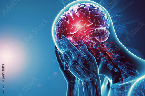 Human figure experiencing intense headache, transparent skull revealing inflamed brain.