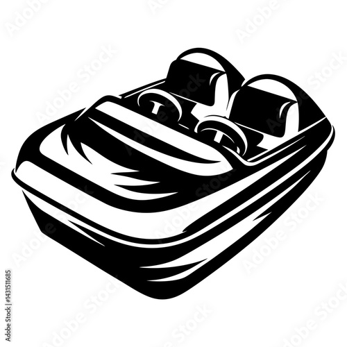 Stylized monochrome vector illustration of a twin steering wheel pedal boat