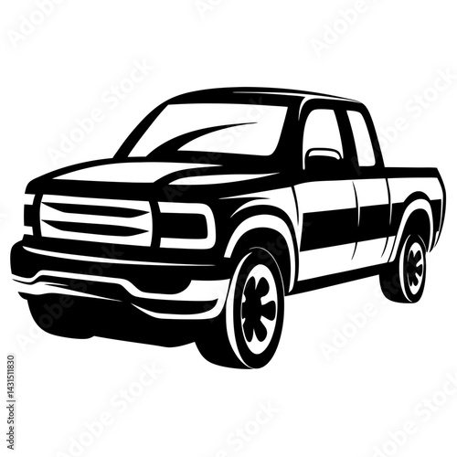 Monochrome illustration of a pickup truck with bold lines and details