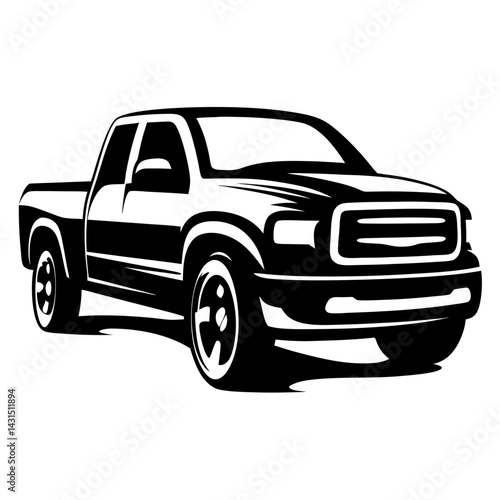 Bold black and white graphic illustration of a pickup truck vehicle