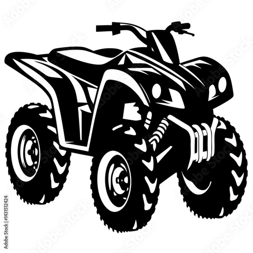 A silhouette of a four wheeled quad bike against a white background