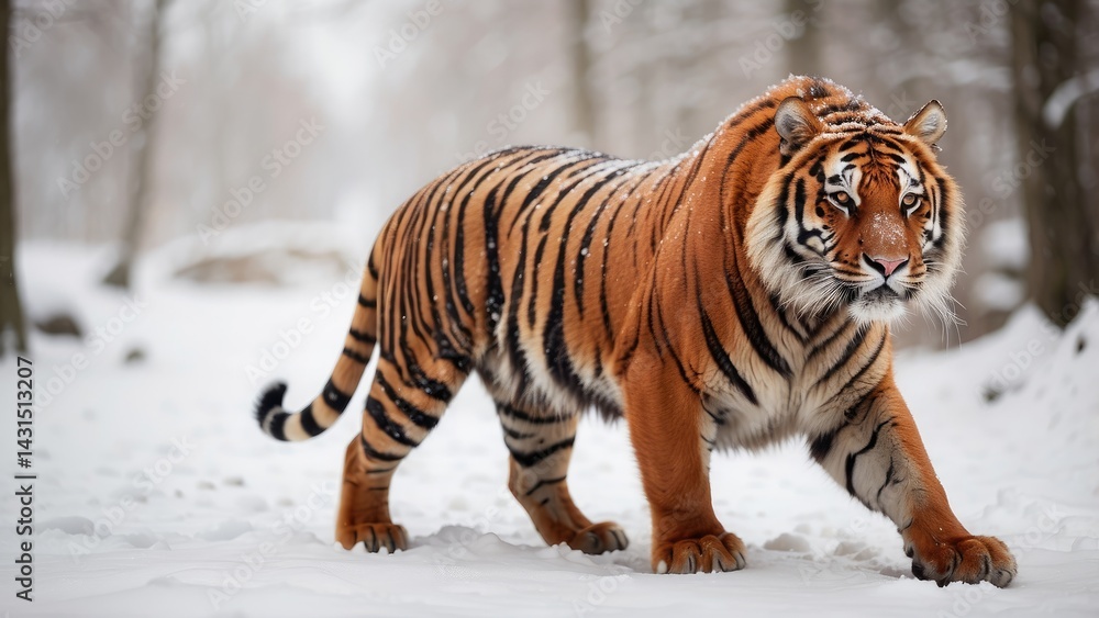 Obraz premium Siberian Tiger Walking in Snowy Wilderness – Majestic Winter Predator