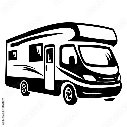 Monochrome graphic illustration of a recreational vehicle perfect for camping trips