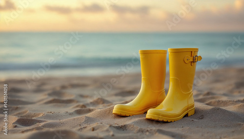Bright yellow rubber boots on sandy beach at sunset near calm ocean waves