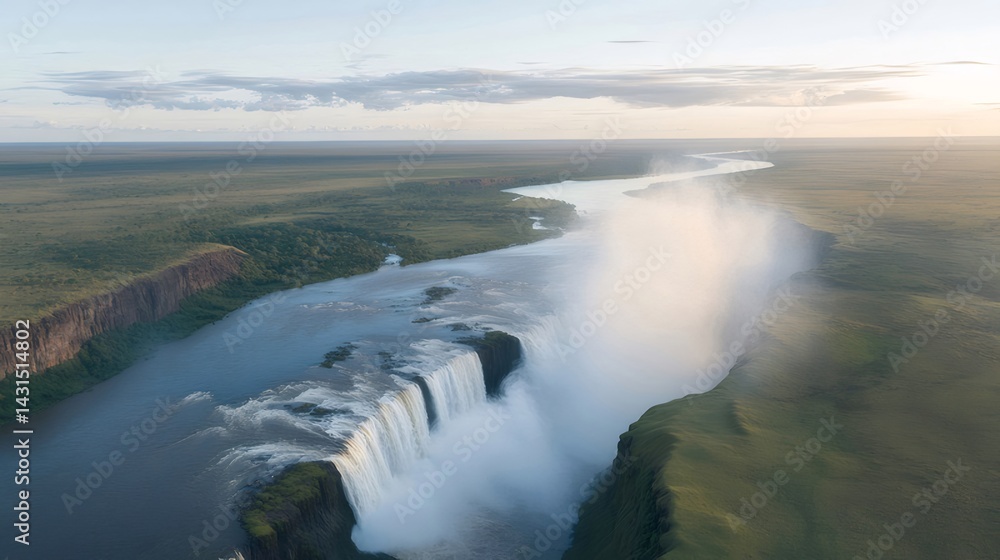 アフリカのビクトリアフォールズ上空からの鮮やかな夕焼け風景 広大な滝と緑豊かな自然のコントラスト アフリカのビクトリアフォールズ上空からの鮮やかな夕焼け風景 広大な滝と緑豊かな自然のコントラスト