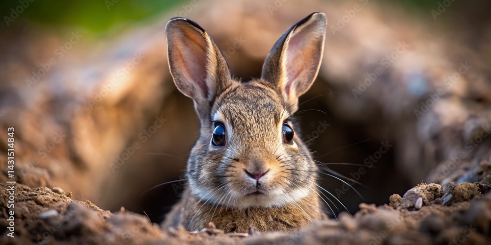 Fototapeta premium Curious Rabbit Peeking from Burrow Hole - Wildlife Close-up