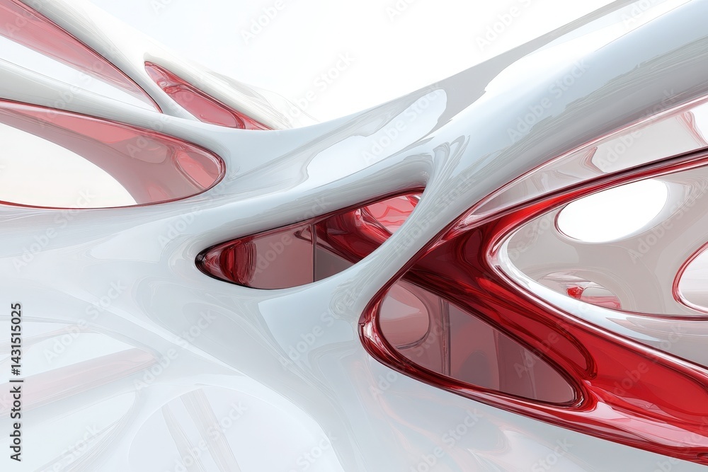 Abstract design of flowing, interconnected forms in white and red. Abstract design of flowing, interconnected forms in white and red.