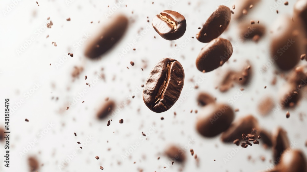 Roasted espresso beans flying upward, clean white background, generative ai Roasted espresso beans flying upward, clean white background, generative ai