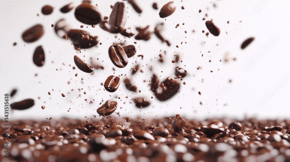 Scattered and falling espresso beans, natural brown tones over minimal white setting generative ai Scattered and falling espresso beans, natural brown tones over minimal white setting generative ai