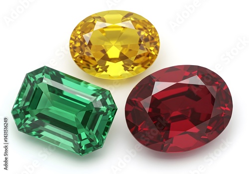 Three precious gemstones ruby sapphire emerald gem display
