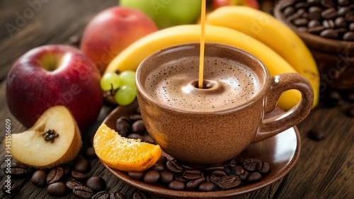 Brown ceramic cup filling with drink surrounded by coffee beans and fresh fruit on a textured wood surface creating a vibrant healthy breakfast scene.