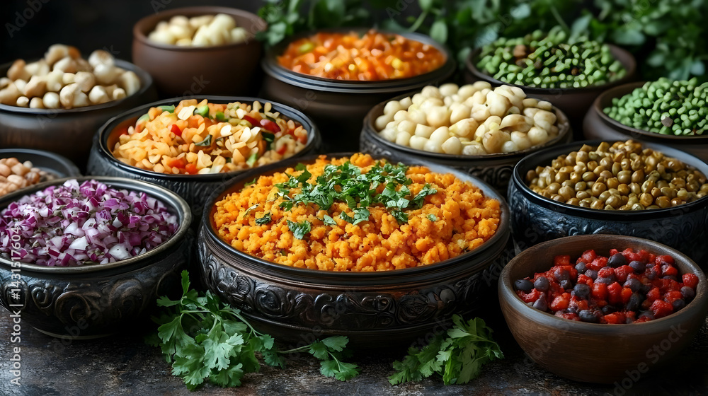 Assorted Vegan Dishes in Rustic Bowls on Dark Background Assorted Vegan Dishes in Rustic Bowls on Dark Background