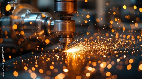 Industrial metal cutting machine in action.  Sparks fly as a high-precision CNC cutting tool shapes metal