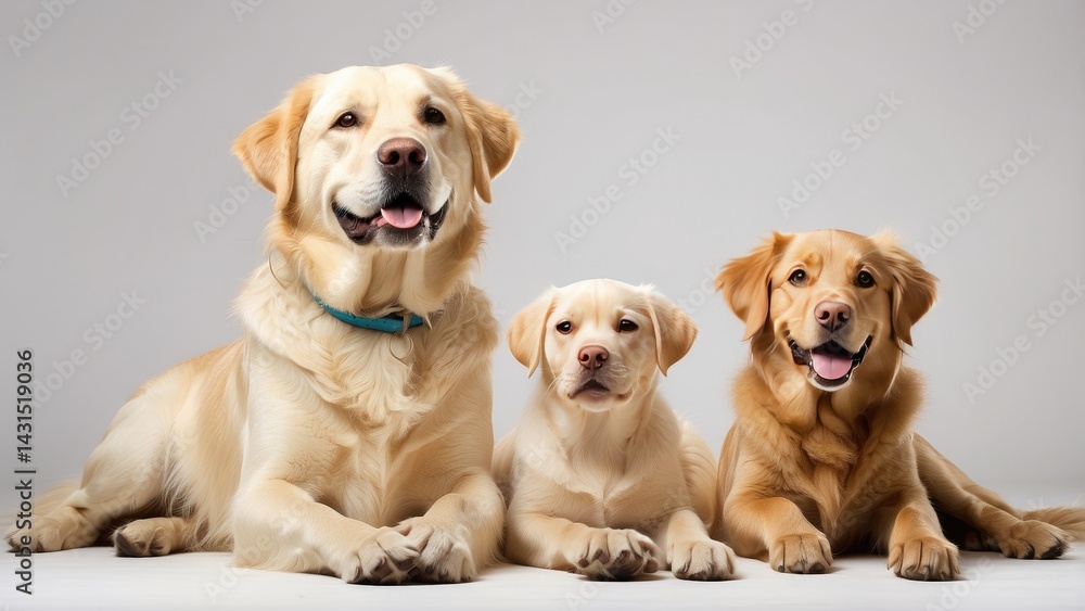 Golden Retriever and Labrador Retriever Dogs Smiling on White Background Golden Retriever and Labrador Retriever Dogs Smiling on White Background