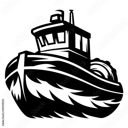 Bold and Stylized Fishing Boat Illustration in Black and White Artwork