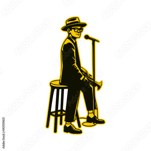 illustration of a young male jazz musician starting a show, wearing a hat and a charming suit