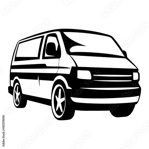 Monochrome Illustration of a Passenger Van with Distinct StarShaped Wheel Details