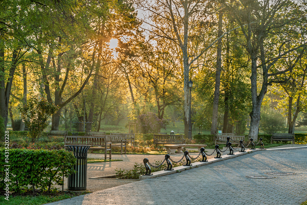 Spring moments in City park of Budapest. Hungarian name is Varosliget. Amazing sunny day with bright lights. The branches of trees are green because many leaves are growing on it.
