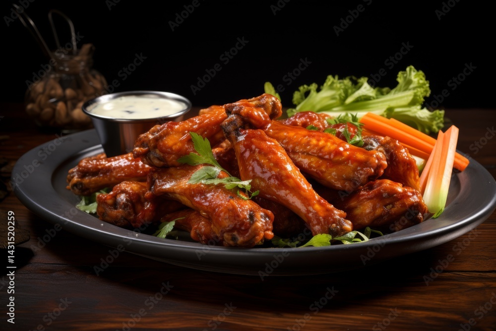 rich, fiery hues and glossy glaze of buffalo wings, meticulously laid out on a plate rich, fiery hues and glossy glaze of buffalo wings, meticulously laid out on a plate