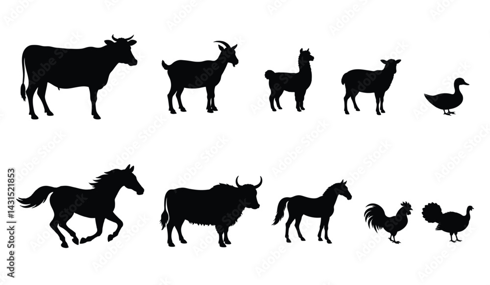 Obraz premium vector silhouette set of farm animals isolated on white background