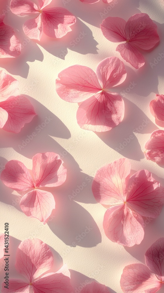 Fototapeta premium Light catches soft pink petals floating gently, creating a delicate floral effect with a dreamy, romantic atmosphere and subtle shadows that dance beautifully.
