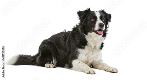 A lovely black and white dog with a friendly face lies down, looking relaxed on the plain background