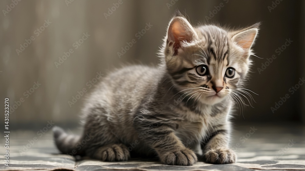 Cute Tabby Kitten Sitting on Pebbled Floor Looking Down Cute Tabby Kitten Sitting on Pebbled Floor Looking Down