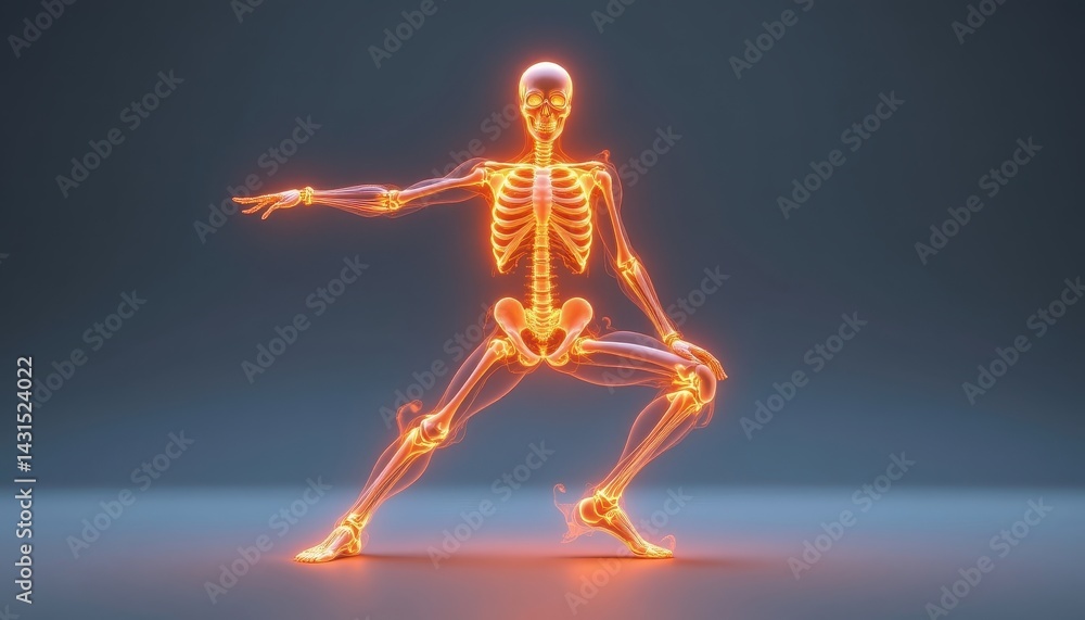 Obraz premium A glowing human skeleton performing yoga, with flowing lines representing breathing and body alignment.