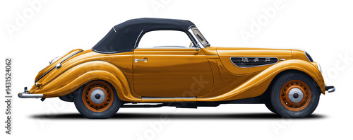 Classic European retro car in yellow. With a convertible body and a soft top in black.
