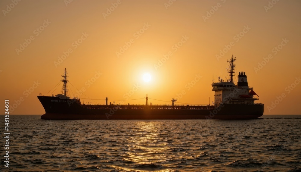 Obraz premium A cargo ship silhouetted against a vibrant sunset, reflecting on the calm waters, creating a serene maritime scene.