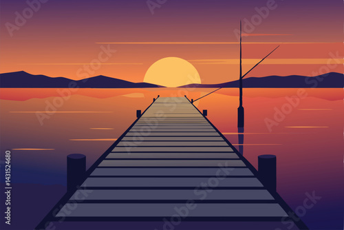 rustic-dock-with-fishing-poles-at-sunset--.eps