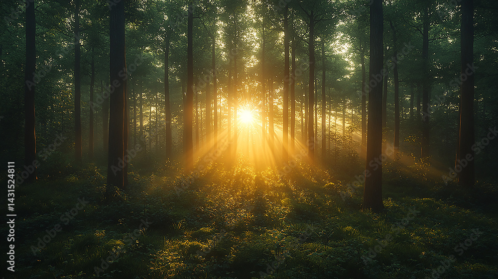 Obraz premium Forest Sunlight Sunlight Bursting Through the Dense Woods, Casting Golden Rays on Green Ground