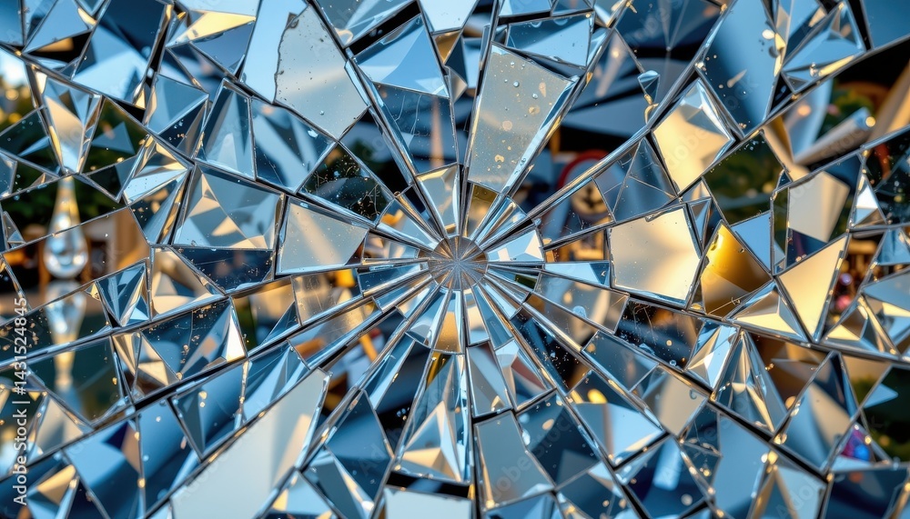 Fototapeta premium A visually striking pattern of broken glass and reflective surfaces that mimic disruption and concealment.