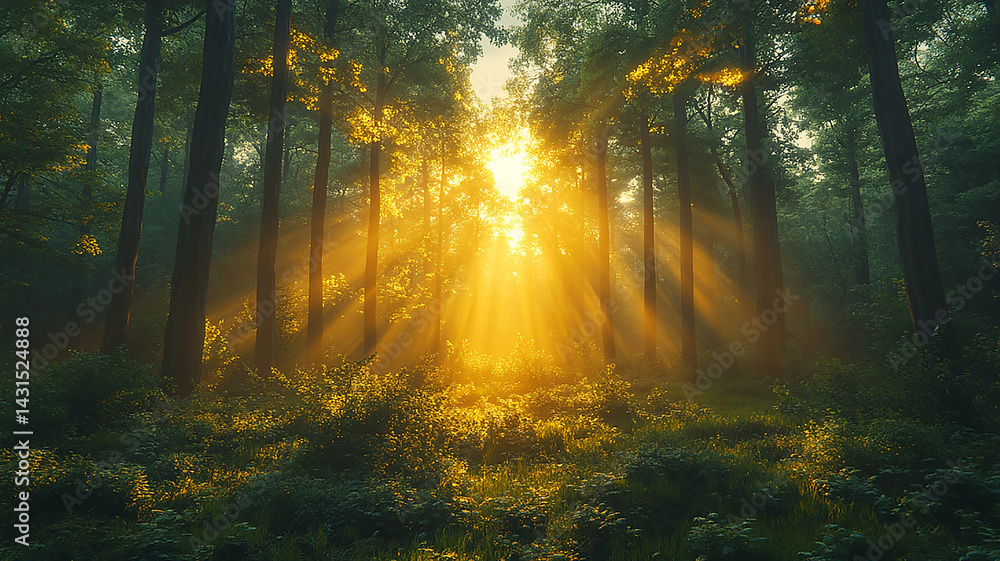 Naklejka premium Forest View with Golden Sunlight Rays Shining Through the Trees and Green Foliage